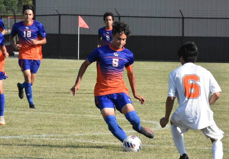 Jay Wolcott works the ball upfield last week in a game against Winnebago in a game in which he scored five times. On Wednesday, September 9, 2023, the Genoa-Kingston standout was named the Daily Chronicle Athlete of the Week.