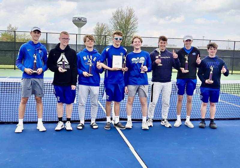 The Princeton Tiger tennis team won the Rochelle Hub Invitational on Saturday, improving to 15-0. Team members are (from left) Tyson Phillips, Landon Davis, Josh Orwig, Ben Anderson, Michael Ellis, Asa Gartin, Jackson Mason and Chase Sims.