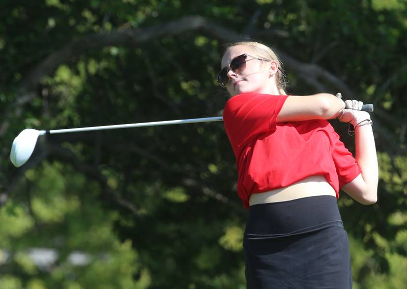 Streator's Lillianna Negray tees off during the Class 1A Regionals on Tuesday, Sept. 30, 2025 at Spring Creek Golf Course in Spring Valley.