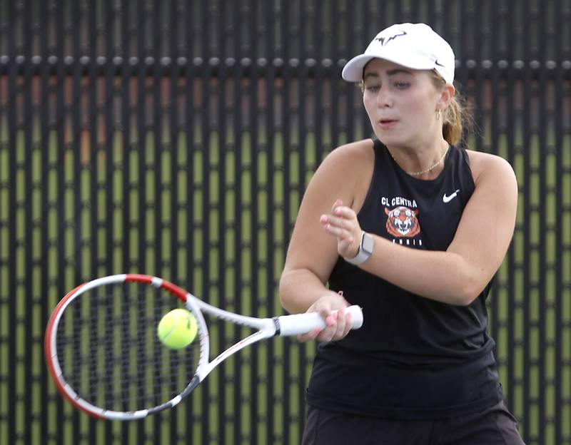 Crystal Lake Central’s Kaylen Kaczmarek returns the the ball during a Fox Valley Conference tennis match on Monday, Sept. 25, 2023, at Crystal Lake Central High School.
