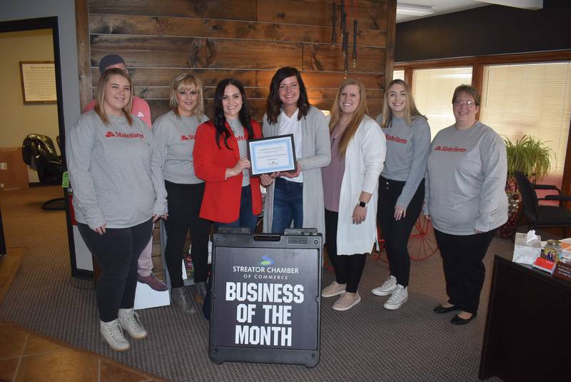 Theresa Solon-State Farm was selected December 2022 business of the month by the Streator Area Chamber. Picutred are (left to right) Jessica Schmitt, employee; Linda Danko, employee; Theresa Solon-Wargo, owner; Courtney Levy, chamber executive director; Megan Wright, chamber members services coordinator); Aleaha Erschen, employee; and Heather Leal, employee.