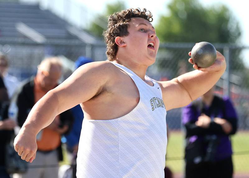 Sycamore’s Will Rosenow makes a throw in the shot put Wednesday, May 20, 2026, during the Class 2A boys track sectional at Rochelle High School.