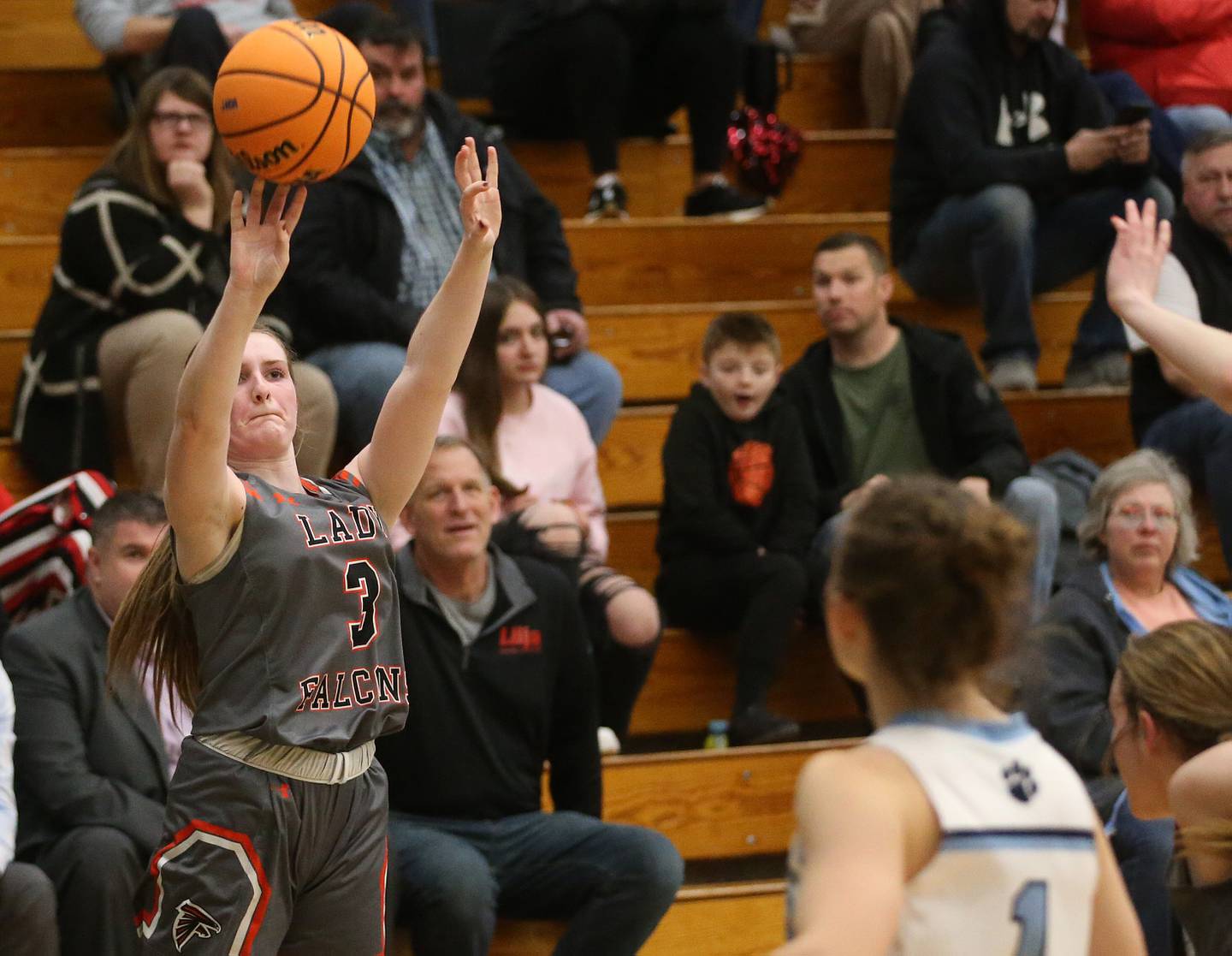 Flanagan-Cornell/Woodland's Emma Palaschak shoots a jump shot over Cissna Park's Julia Edelman during the Class 1A Sectional semifinal game on Tuesday, Feb. 25, 2025 at Midland HIgh School.