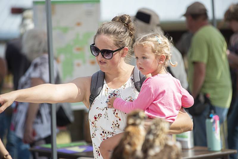 Caitlin Trebelhorn and her daughter Tove, 2, of Minnesota, check out a red-tailed hawk on display at the Nachusa Grasslands. The two were in town visiting family before deciding to make the visit to the annual Autumn on the Prairie.