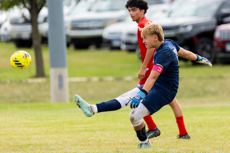 Goalkeeper Seth Zito (0) of Streator performs goal kick after successfully defending goal on Saturday, Aug 30, 2025 at the James Street Recreation Area in Streator.