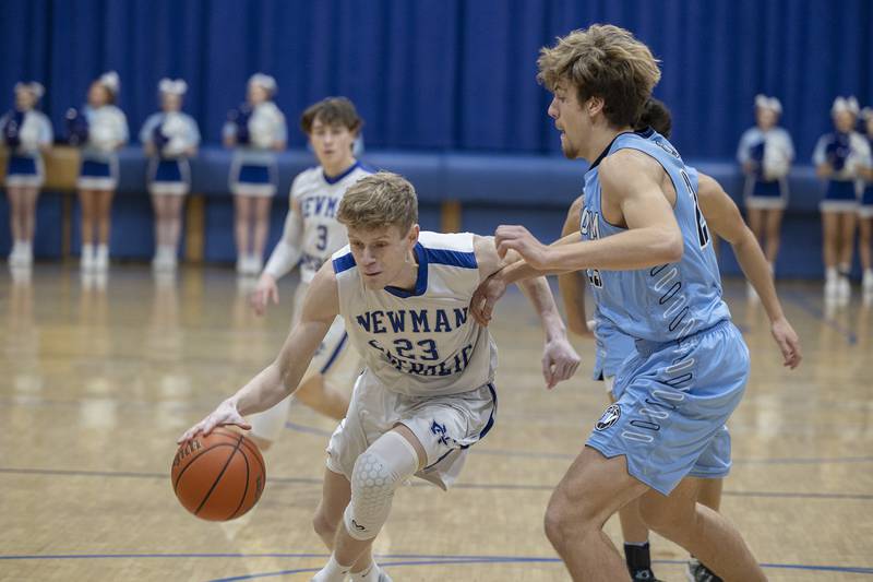 Newman’s Lucas Simpson drives against Bureau Valley Friday, Jan. 26, 2024 at Newman High School.