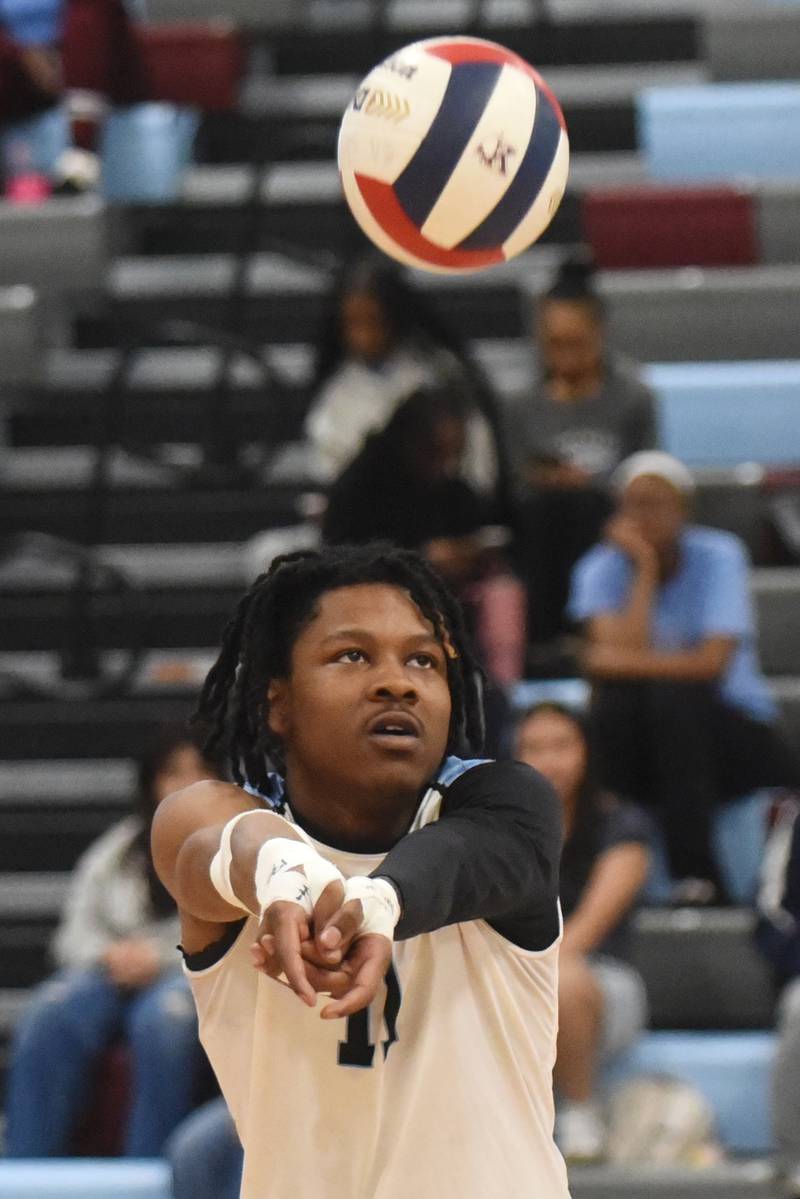 Kankakee's Trayvone Jackson returns a serve during a home game against Bishop McNamara Tuesday, March 31, 2026.