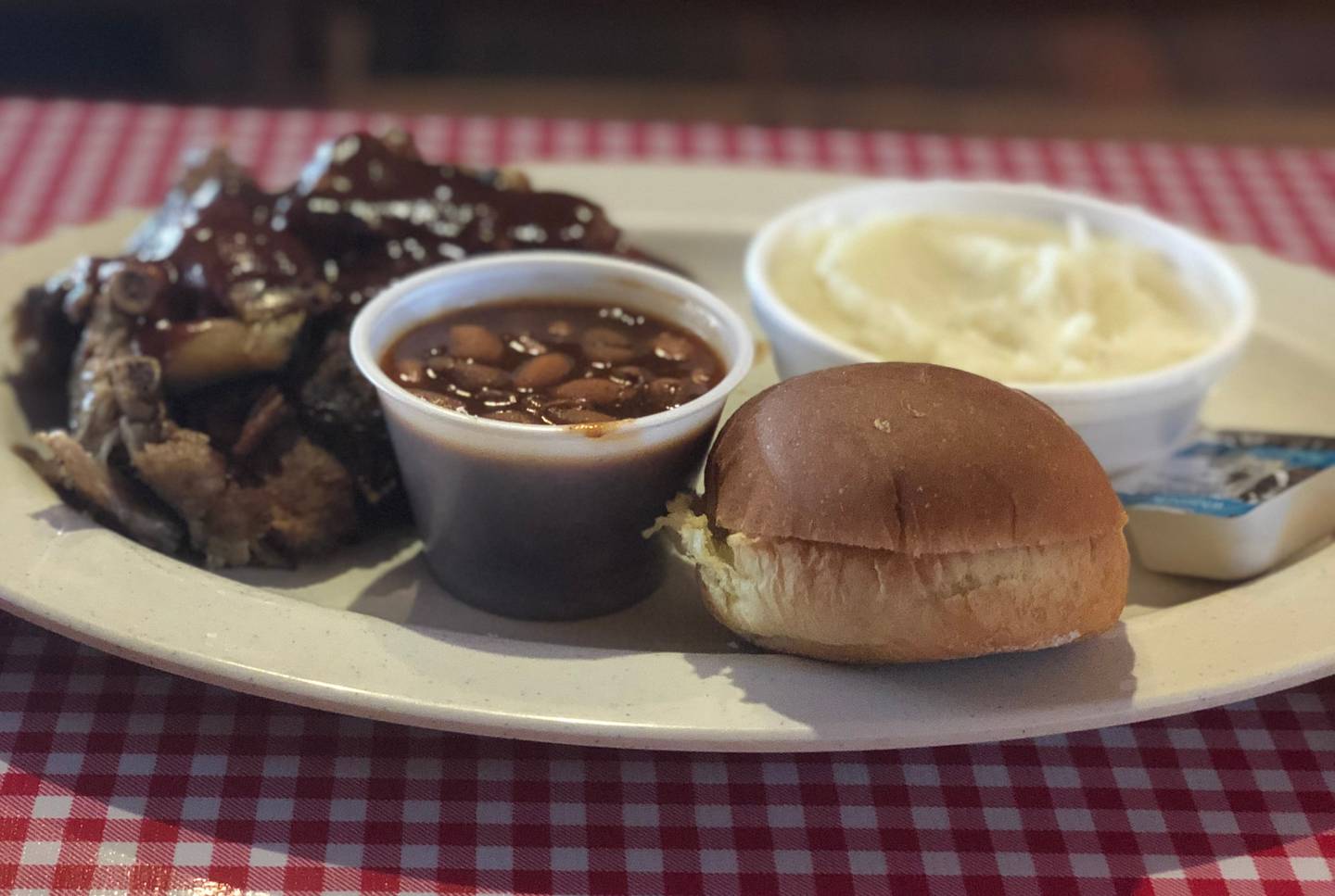 The Texan Barbeque rib tips fall off the bone and are complimented by the tangy sauce.