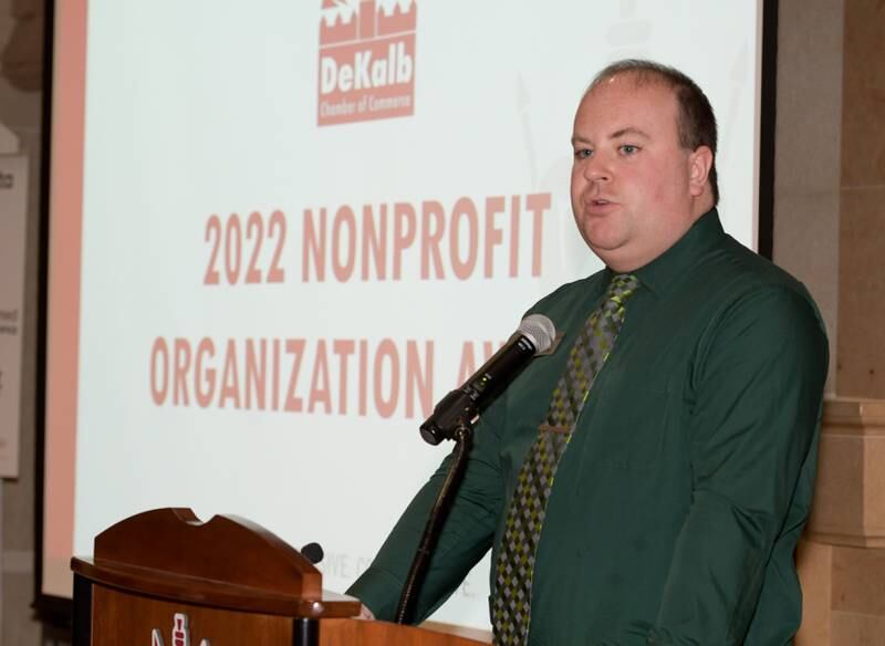 Egyptian Theatre Executive Director Alex Nerad accepts the 2022 Nonprofit Organization Award during DeKalb’s Annual Celebration Dinner at the Barsema Alumni & Visitors Center on Thursday, Feb. 3, 2022.