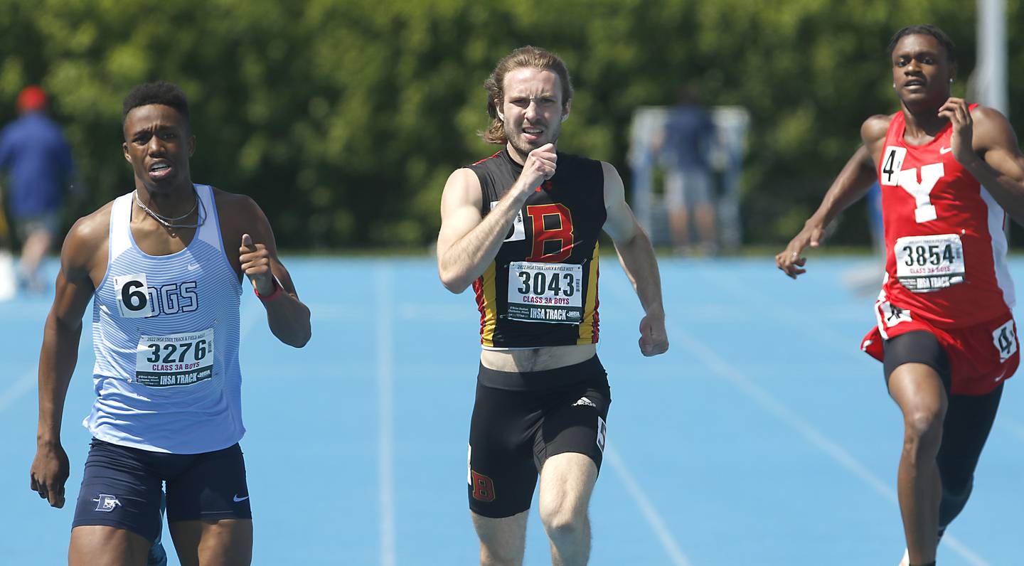 Downers Grove South’s Elijah Reed, Batavia’s Jonah Fallon, and Yorkville’s Josh Pugh race to the finish line as they compete in the 400 meter dash during the IHSA Class 3A State Track and Field Championships Saturday, May 28, 2022, at Eastern Illinois University in Charleston.