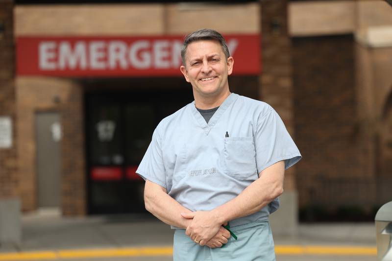 Dr. Sean Atchison poses for a photo outside the Morris Emergency entrance on Tuesday, April 16, 2024.