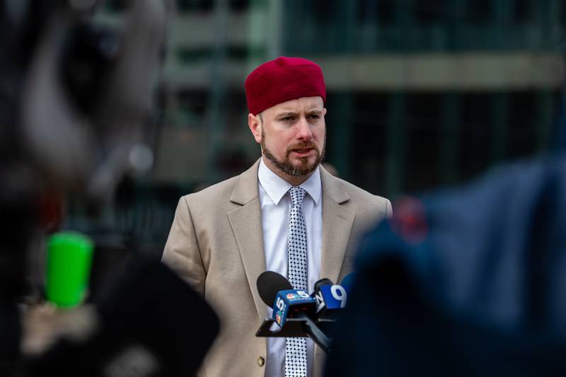 CAIR-Chicago Staff Attorney Joseph Milburn delivers remarks at the Will County Courthouse in Joliet on Feb. 24. before the first day of the trial against Joseph Czuba.