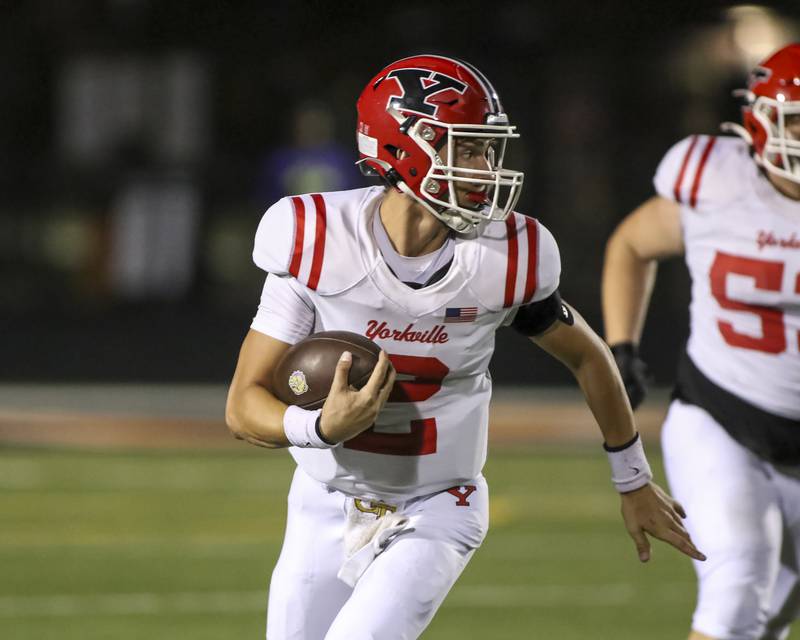 Yorkville's Jack Beetham (2) runs with the ball during football game between Yorkville at Plainfield East Friday, Sept 19, 2025 in Plainfield.