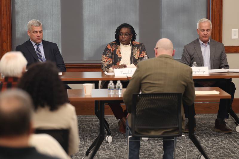 Joliet mayor Bob O’Dekirk (left), mayor candidates Tycee Bell and Terry D’Arcy attend a forum for the candidates at the Joliet Public Library on Tuesday, March 28th, 2023 in Joliet.