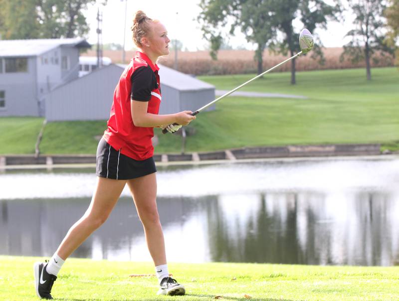 Earlville's Chesney Auter tees off during the Class 1A Regional golf meet on Thursday, Sept. 28, 2023 at Spring Creek Golf Course in Spring Valley.