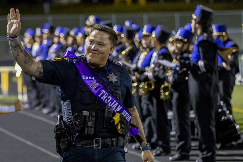 Mendota safety officer Chad Hochstatter was nominated as the Trojan Hero of The Year at halftime at Mendota High School on September 27, 2024.