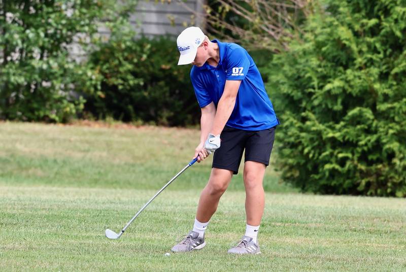 Princeton's Noah Morton strikes the ball during the Three Rivers Conference Tournament on Tuesday, Sept. 23, 2025 at Chapel Hill Golf Course in Princeton.