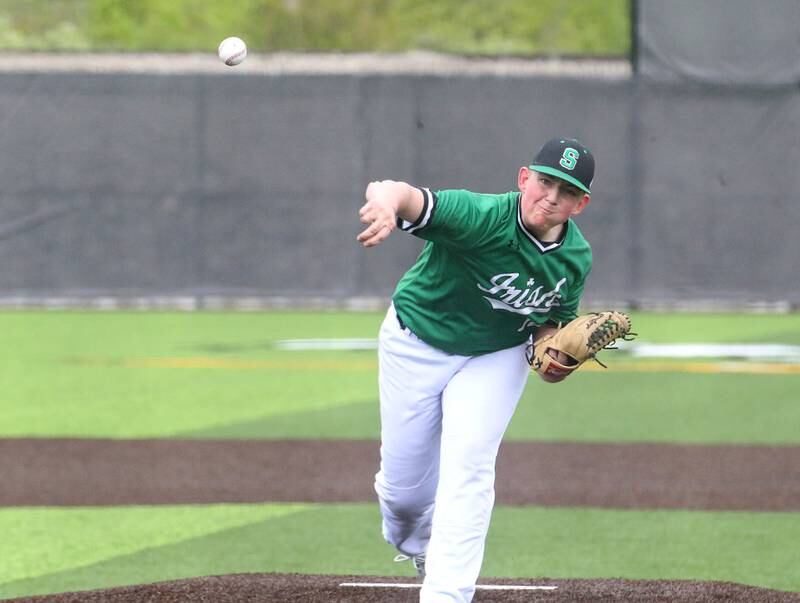 Seneca pitcher Jace Mitchell lets go of a throw to Roanoke-Benson/Lowpoint-Washburn on Thursday, May 1, 2025 at Seneca High School.