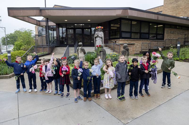 Kindergarten students from St. Mary’s in Dixon sing a song Thursday, May 1, 2025, after observing a May Crowning celebration.