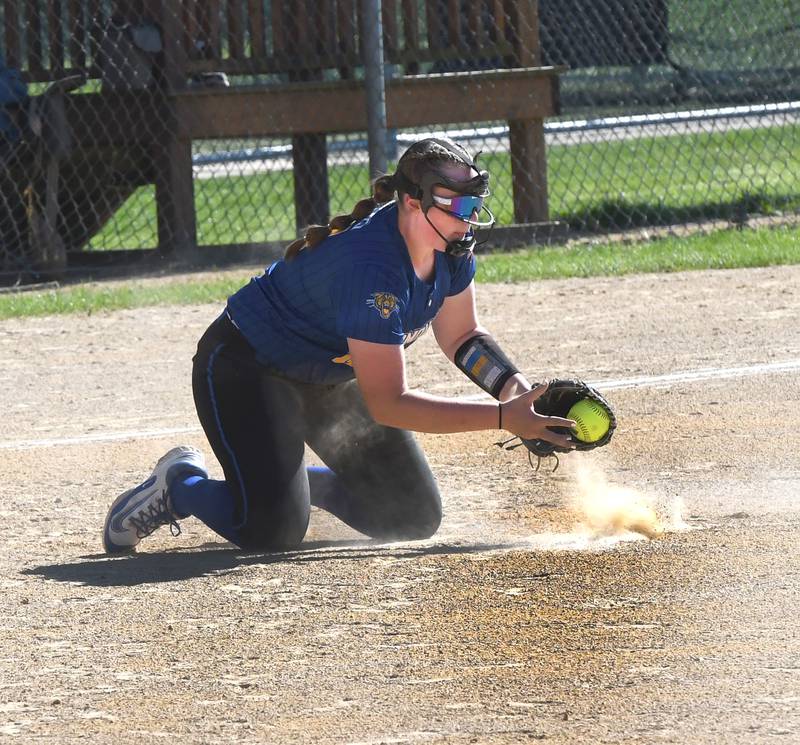 Somonauk third baseman MacKenna McMahan snares a ground ball against Oregon at the 2A Oregon Regional on Wednesday, May 20, 2026.