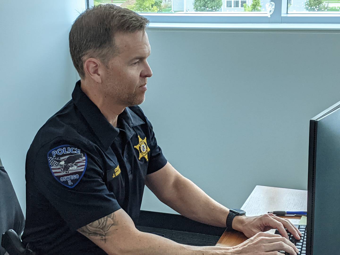 Jason Bastin was sworn in as the new police chief after Oswego village trustees unanimously approved his appointment at their Sept. 19 Village Board meeting. He has served as interim chief since the retirement of former Police Chief Jeff Burgner on June 13.