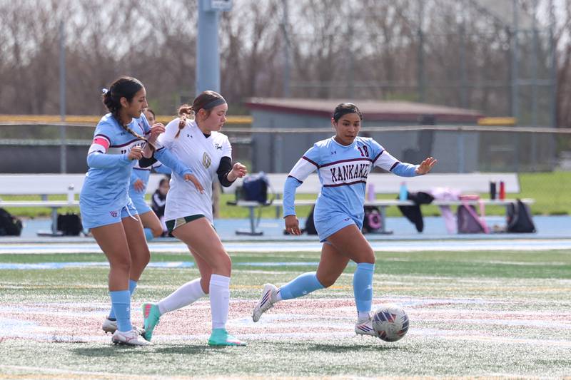 Kankakee's Rachel Sanchez-Aguilar comes away with the ball during the Kays' 8-0 victory over Bishop McNamara in the final All-City match on Saturday, April 11, 2026.