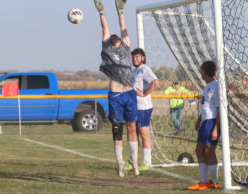 Princeton keeper Landon Davis misses a block on a corner kick against Mendota during the Class 1A Regional final game on Tuesday, Oct. 22, 2024 at Serena High School.