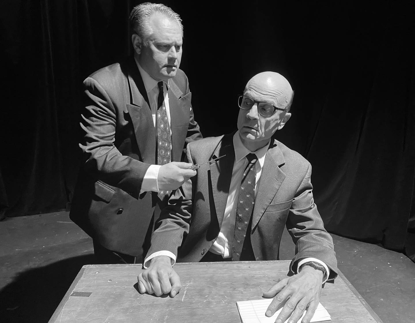DOA at Steel Beam Theatre: Dean Gallagher (l) as Frank Bigelow with knife and Mike Speller as Halliday.