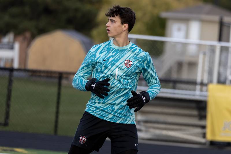 Lincoln-Way Central's Josh DeMik keeps an eye on the ball during the 3A Joliet West Sectional boys varsity soccer match against Lincoln-Way East at Joliet West on Oct. 29, 2025.