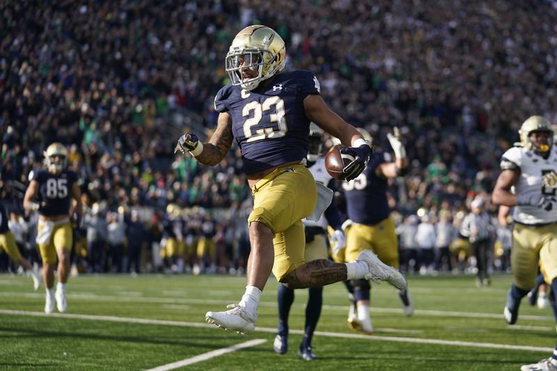 Notre Dame running back Kyren Williams scores against Georgia Tech on Nov. 20, 2021 in South Bend, Ind.