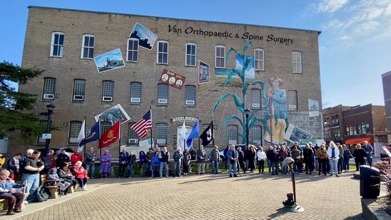 A crowd of almost 100 people gathered at First Street and Lincoln Highway in downtown DeKalb's Memorial Park Saturday, Nov. 11, 2023 for an annual Veterans Day ceremony hosted by the DeKalb American Legion Post No. 66.