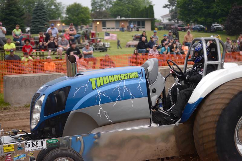 Jeremy Nelson of Byron drives his tractor "Thunderstruck" at the Forreston FFA Alumni Tractor and Truck Pull held during Leaf River Daze in Leaf River on Saturday, June 7, 2025.. He pulled 283.14' in this attempt.