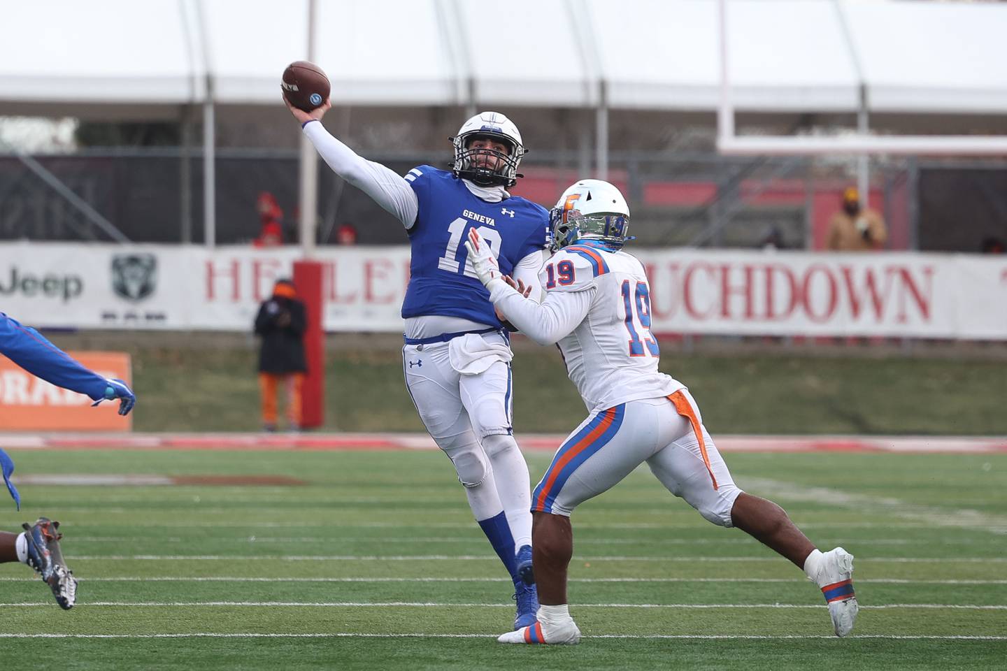 Geneva’s Anthony Chahino launches a touchdown pass against East St. Louis in the Class 6A state championship on Saturday, Nov. 30, 2024 in Normal.