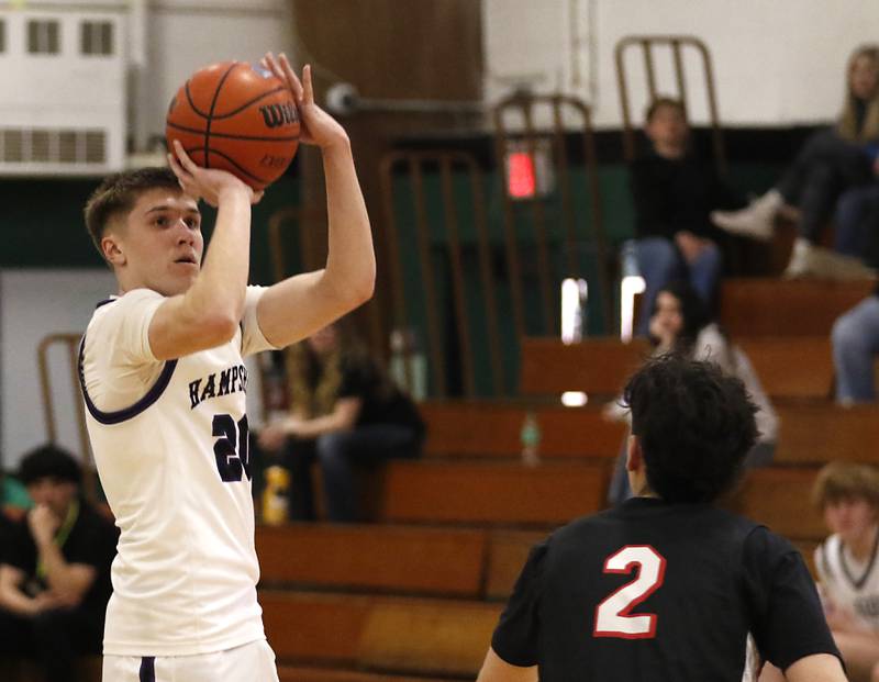 Hampshire's Ryan Prowicz shoots the ball over Huntley's Christian Wilson during the boy’s game of McHenry County Area All-Star Basketball Extravaganza on Sunday, April 13, 2025, at Alden-Hebron’s Tigard Gymnasium in Hebron.