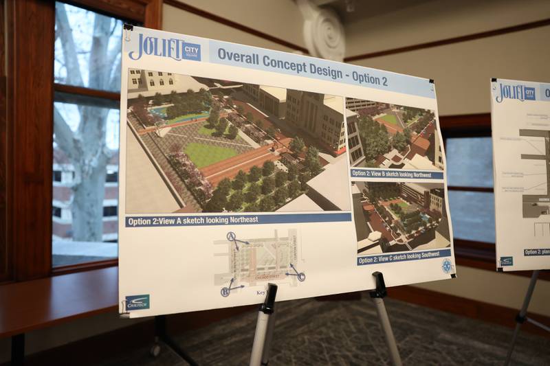 Multiple renderings were on display for the City of Joliet proposed downtown plaza open house at the Joliet Public Library on Thursday, February 23rd, 2023.