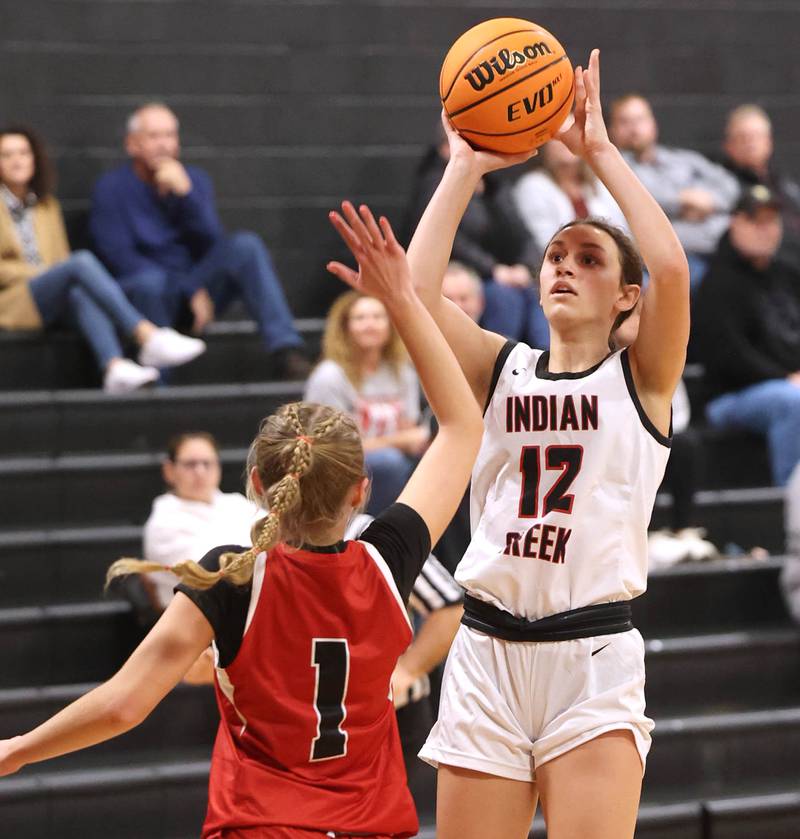 Indian Creek's Isabella Turner shoots over Aurora Christian’s McKenzie Jensen during their game Monday, Nov. 25, 2024, at Indian Creek High School in Shabbona.