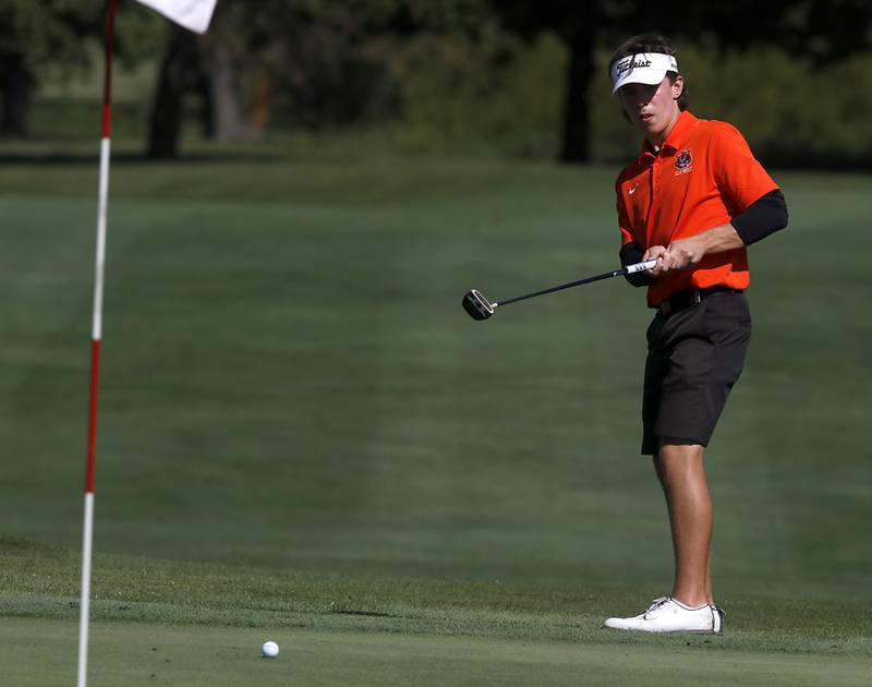 Crystal Lake Central’s Jack Brice putts on the 11th green during the Fox Valley Conference Boys Golf Tournament Wednesday, Sept. 25, 2024, at RedTail Golf Club in Lakewood.