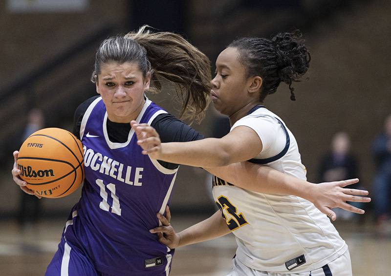 Rochelle’s Audriana Rodriguez works against Sterling’s Joslyn Green Tuesday, Jan. 6, 2026.