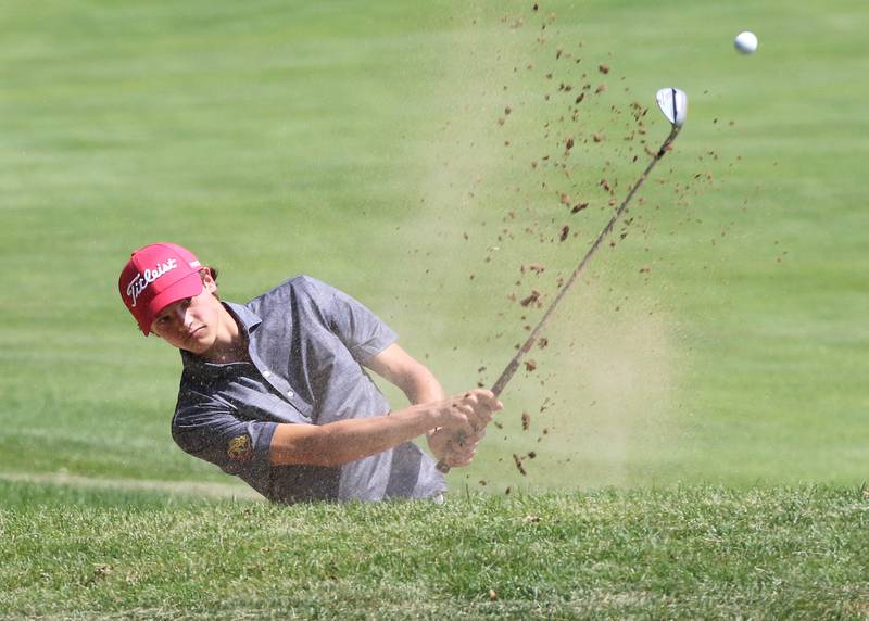 Batavia’s Adam Warner hits out of the sand on the first hole during the Mark Rolfing Cup Monday, Aug. 21, 2023, at the Kishwaukee Country Club in DeKalb.