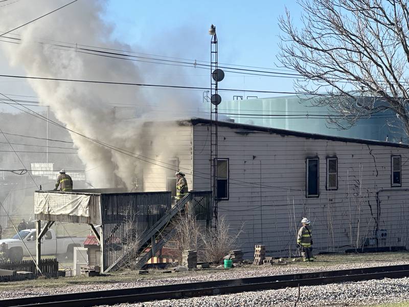 Firefighters work to extinguish a blaze Monday, March 24, 2025, at the former Platform 31 on Water Street. Peru firefighters were on scene shortly after 8:30 a.m. but quickly sent for reinforcements from other fire departments.