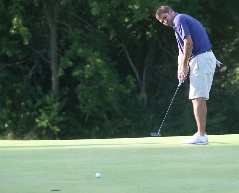 Mick Resser puts during the Illinois Valley Mens Golf Championship Tournament on Sunday, July 27, 2025 at Spring Creek Golf Course in Spring Valley.