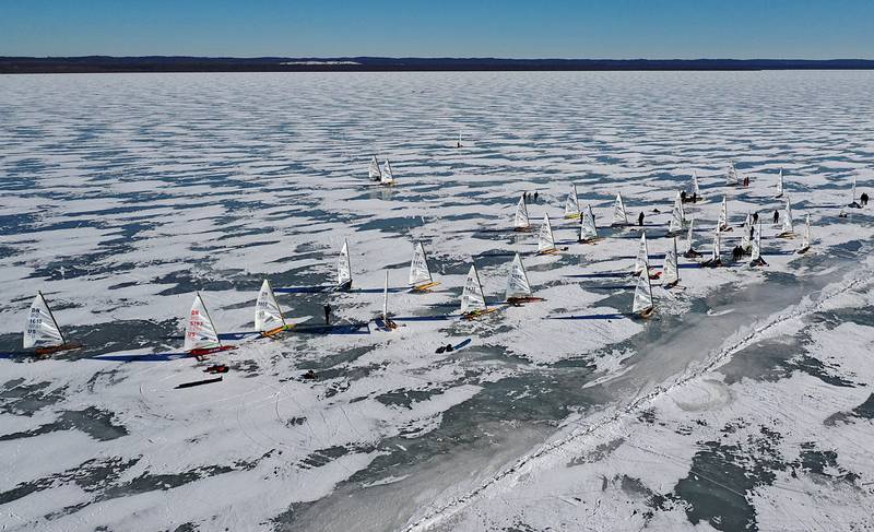 Ice boats prepare to race during the 2022 US National DN Ice Boat racing on Senachwine Lake on Wednesday Jan. 26, 2022 near Putnam.