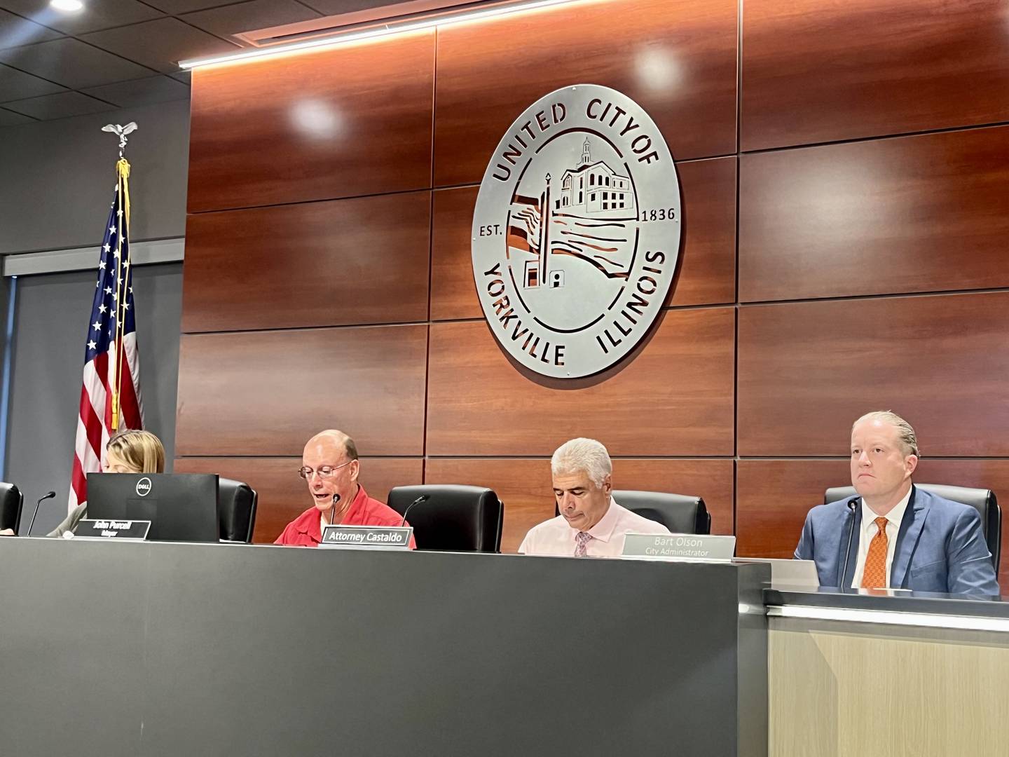 Yorkville Mayor John Purcell (far left) addresses the Yorkville City Council meeting on Aug. 13.