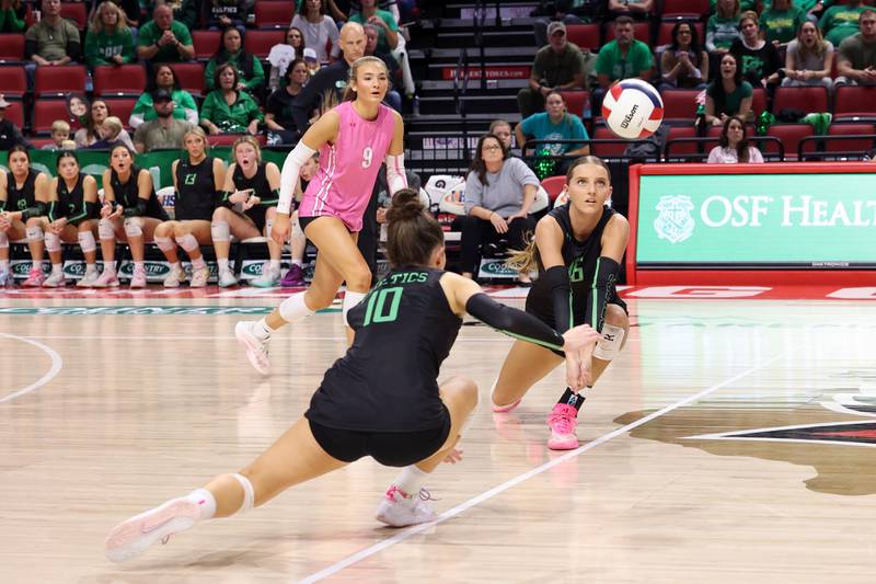 Providence's Cali Tierney dives for a volley against Nazareth during Nazareth's victory in two sets, 25-16, 25-17, over Providence in the IHSA Class 3A State semifinals on Friday, Nov. 14, 2025.