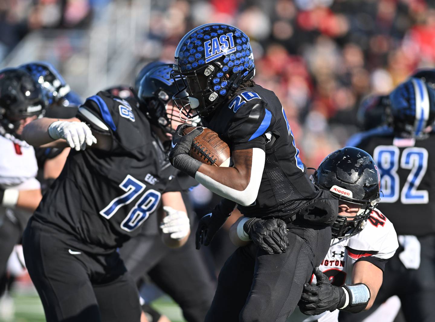 Lincoln-Way East's Zion Gist runs the ball during the IHSA class 8A semifinals playoff game against Barrington on Saturday, Nov. 18, 2023, at Frankfort. (Dean Reid for Shaw Local News Network)