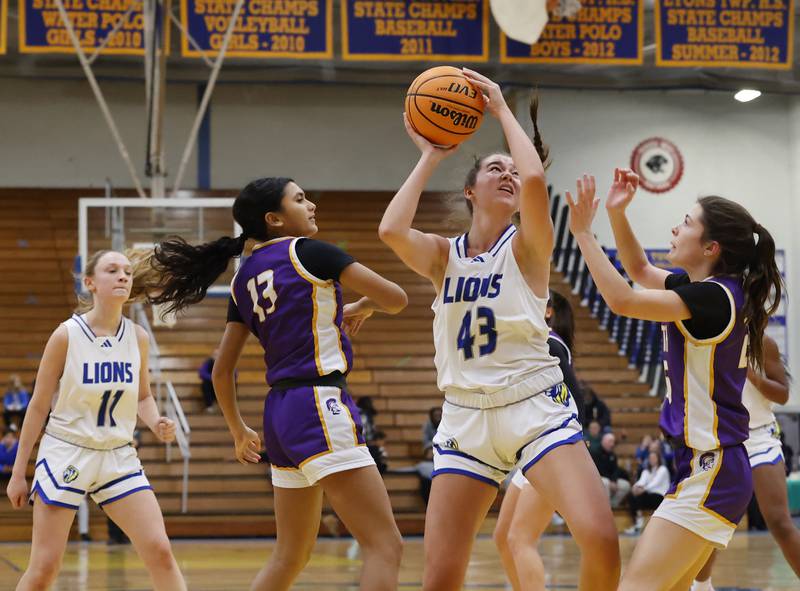 Lyons' Emma O'Brien (43) looks to take a shot during the girls varsity basketball game between Downers Grove North and Lyons Township on Saturday, Jan. 11, 2025 in La Grange.