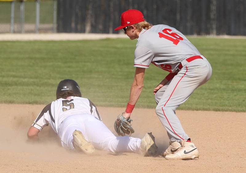 Sycamore's Tyler Lojko slides in with a stolen base ahead of the tag of Ottawa’s George Shumway during their game Tuesday, May 6, 2025, at the Sycamore Community Sports Complex.
