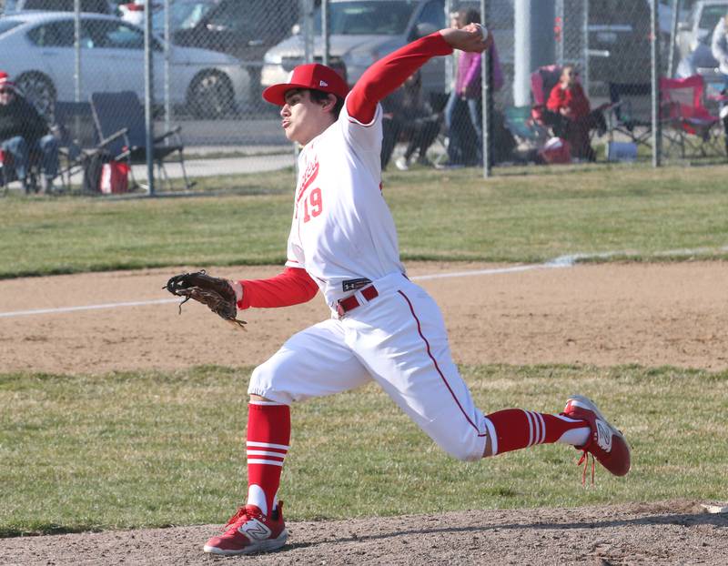 Ottawa's Payton Knoll delivers a pitch to Hall on Tuesday, March 28, 2023 at Ottawa HIgh School.