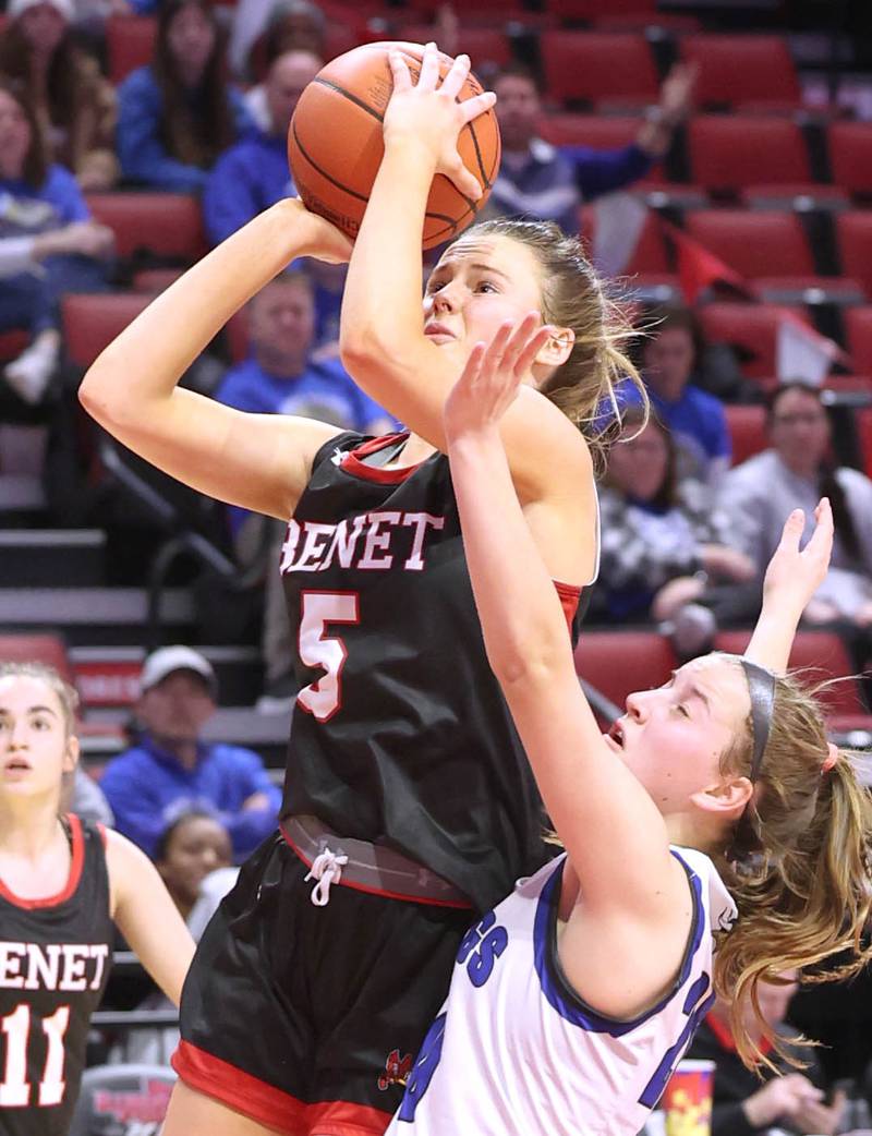Benet's Lenee Beaumont gets a shot off despite the defense of Geneva's Caroline Madden during their Class 4A state semifinal game Friday, March 3, 2023, in CEFCU Arena at Illinois State University in Normal.
