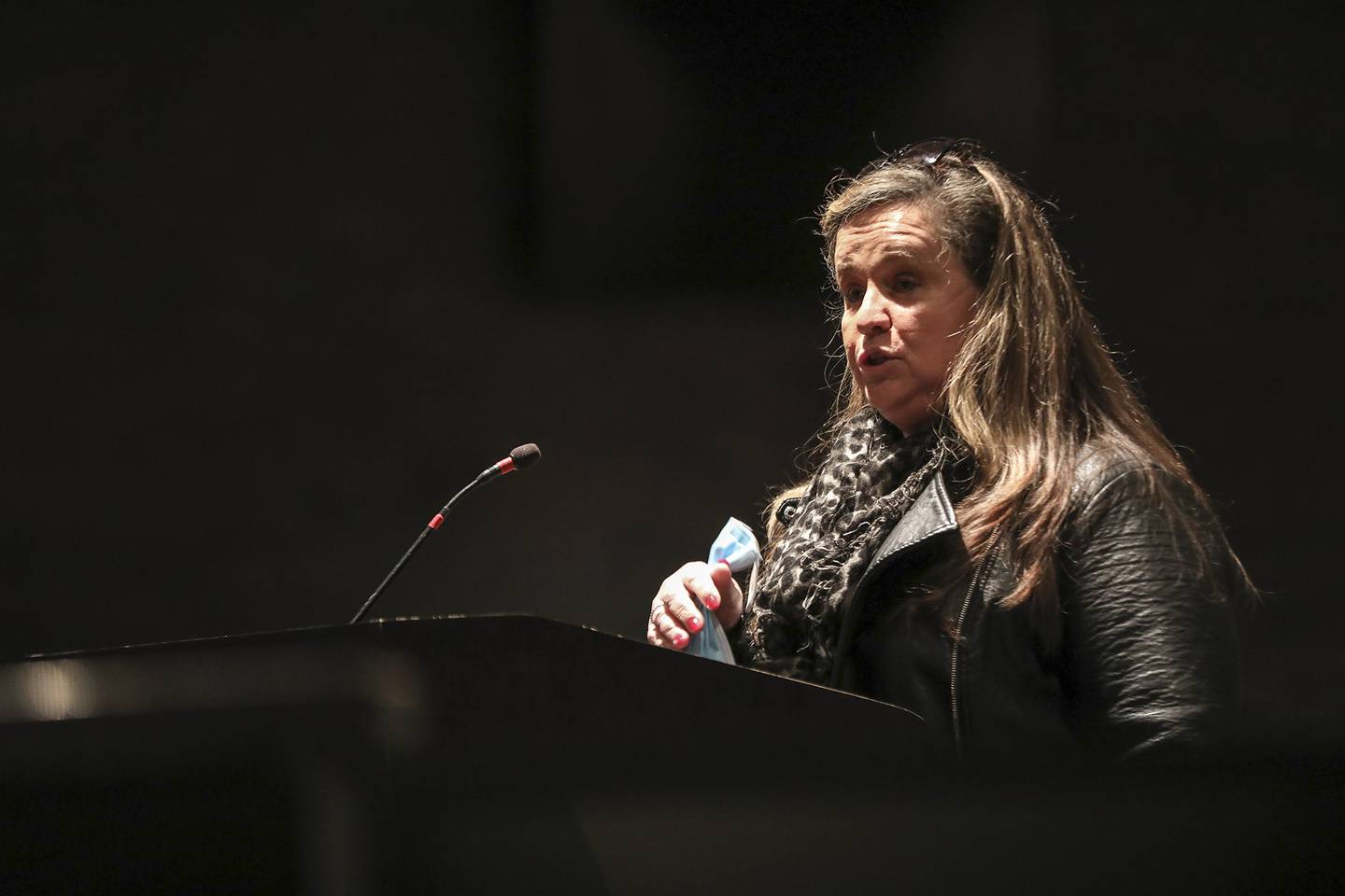 Christine Bright of the Will County Progressives addresses the council on Wednesday, April 14, 2021, at Joliet City Hall in Joliet, Ill. Local activists asked to table a proposal for a citizens police review board in order to collect more community feedback.